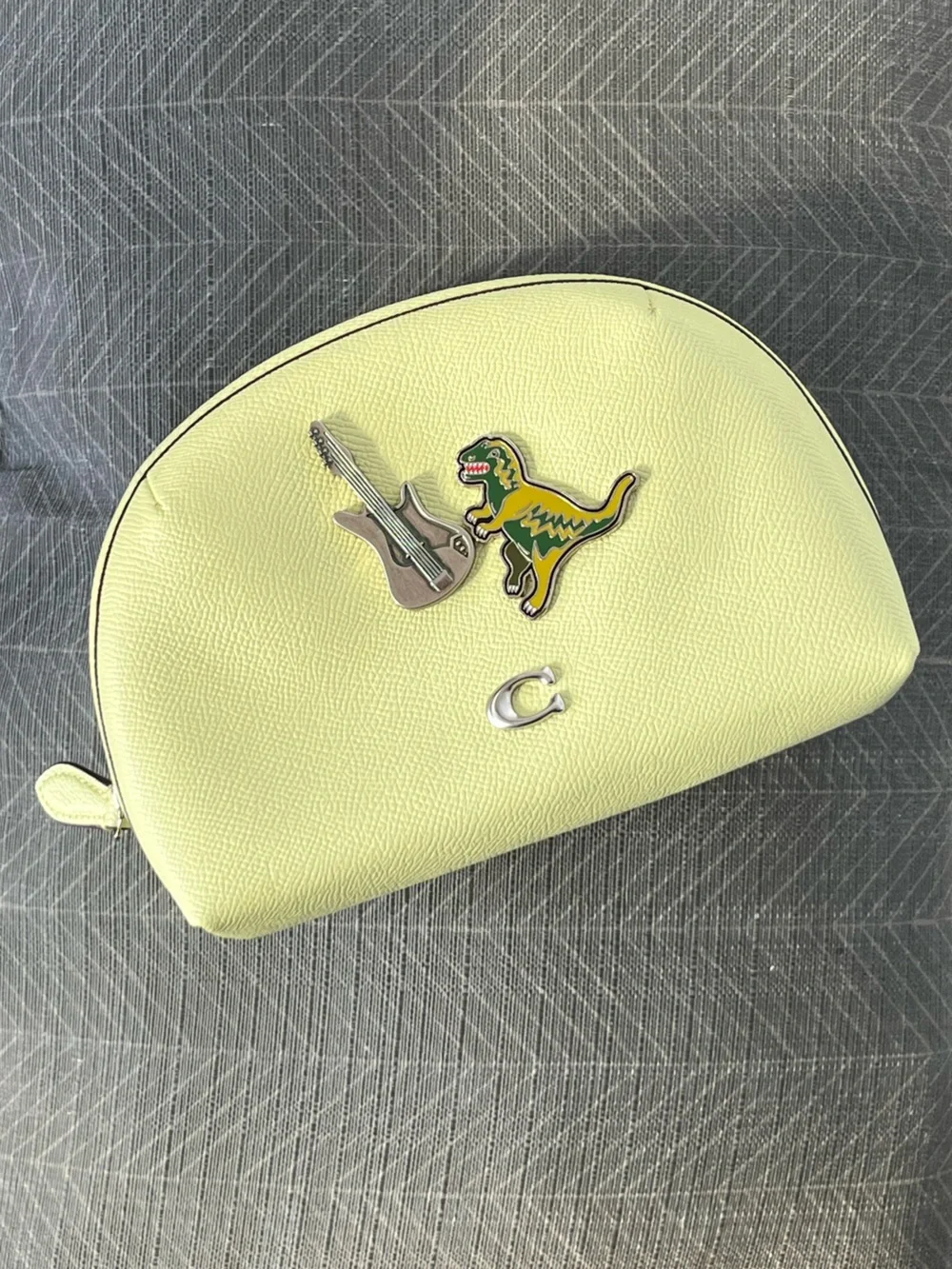 NWOT Coach Rexy Guitar Yellow Leather Zip Cosmetic Pouch with Rexy Enamel Accent